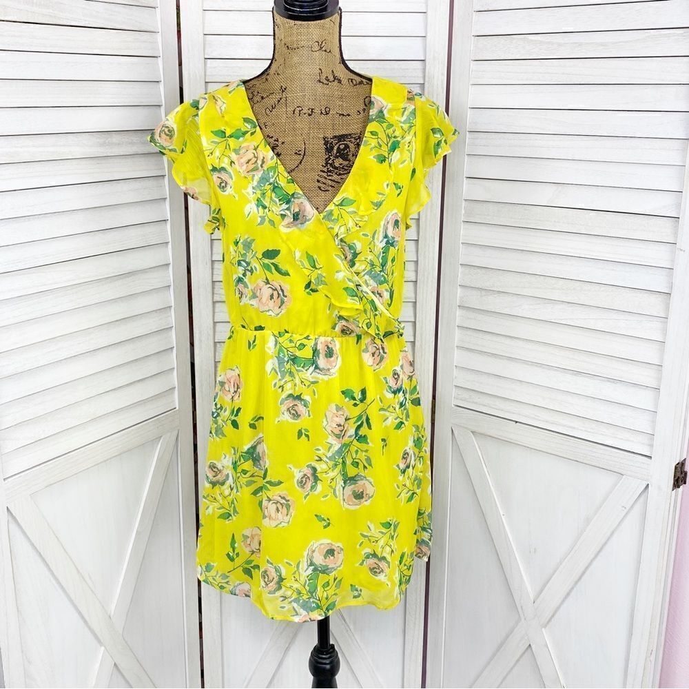 Prince & Fox Twee Y2k Floral Ruffle Surplice Dress Yellow Cottagecore Medium